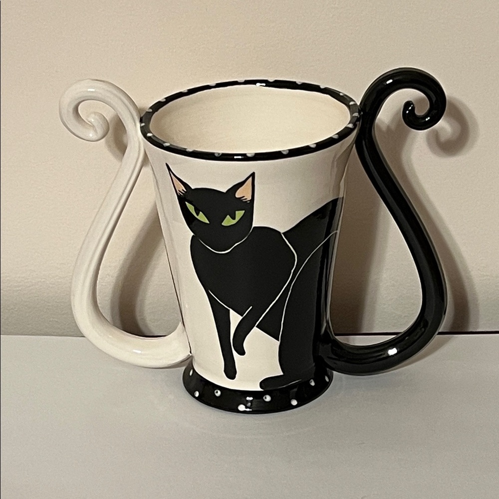 April Gadler. 2007 Handmade. Black and White Cat Design Vase. NWOT